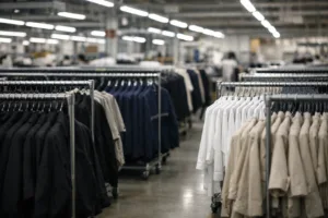 A visual study of stacked apparel inventory in a modern clothing manufacturing environment, representing the risks of large MOQs and unsold stock.