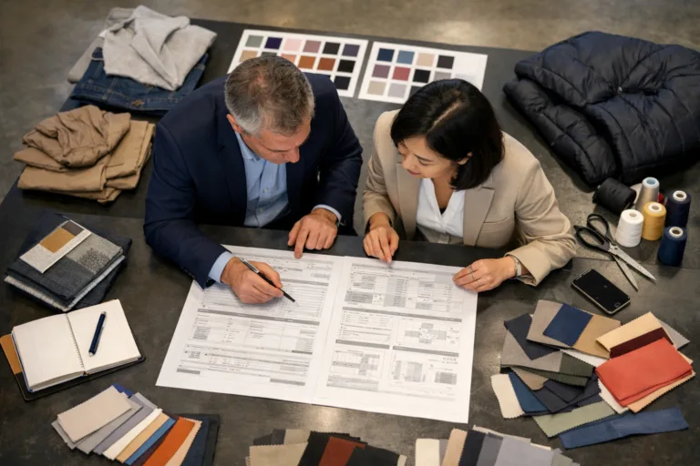 A clean office setting with businesspeople closely reviewing and discussing a comprehensive manufacturing contract, surrounded by product samples.
