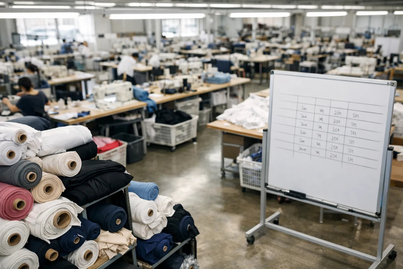 A production-ready apparel factory shows the setup and cost considerations for small order surcharges and low minimums.
