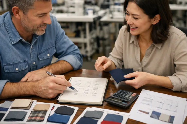 Two apparel industry professionals compare sample garments and manufacturing cost breakdowns to optimize pricing while maintaining quality.
