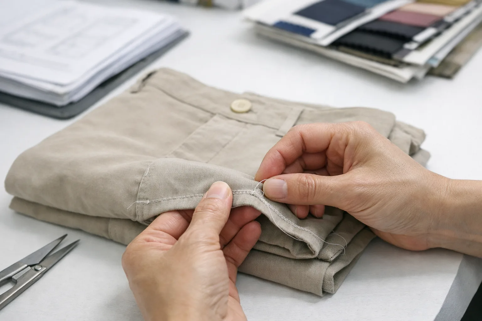 A professional garment inspector reviews stitching and trim details on a clothing sample to assess the manufacturer's quality and management standards.