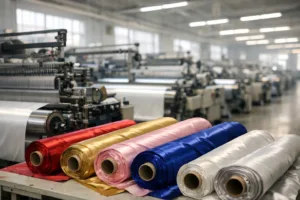 A modern textile factory showing satin weave machinery and finished glossy satin fabric rolls for garment production.