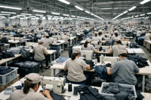 A wide, well-lit apparel factory as brands scale from small batch to mass production. Shows clean equipment and busy operations.