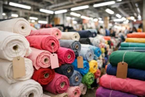 A visually detailed view of various stocked fabric rolls in a well-lit, organized textile market, showcasing the variety available for stock fabric sourcing.