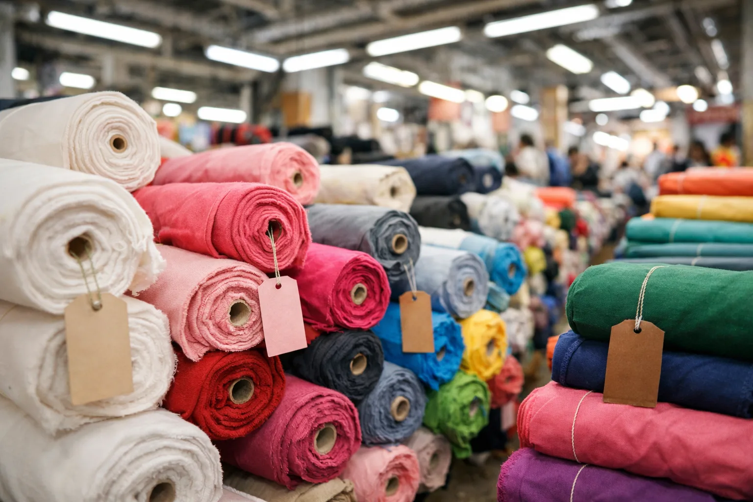 A visually detailed view of various stocked fabric rolls in a well-lit, organized textile market, showcasing the variety available for stock fabric sourcing.