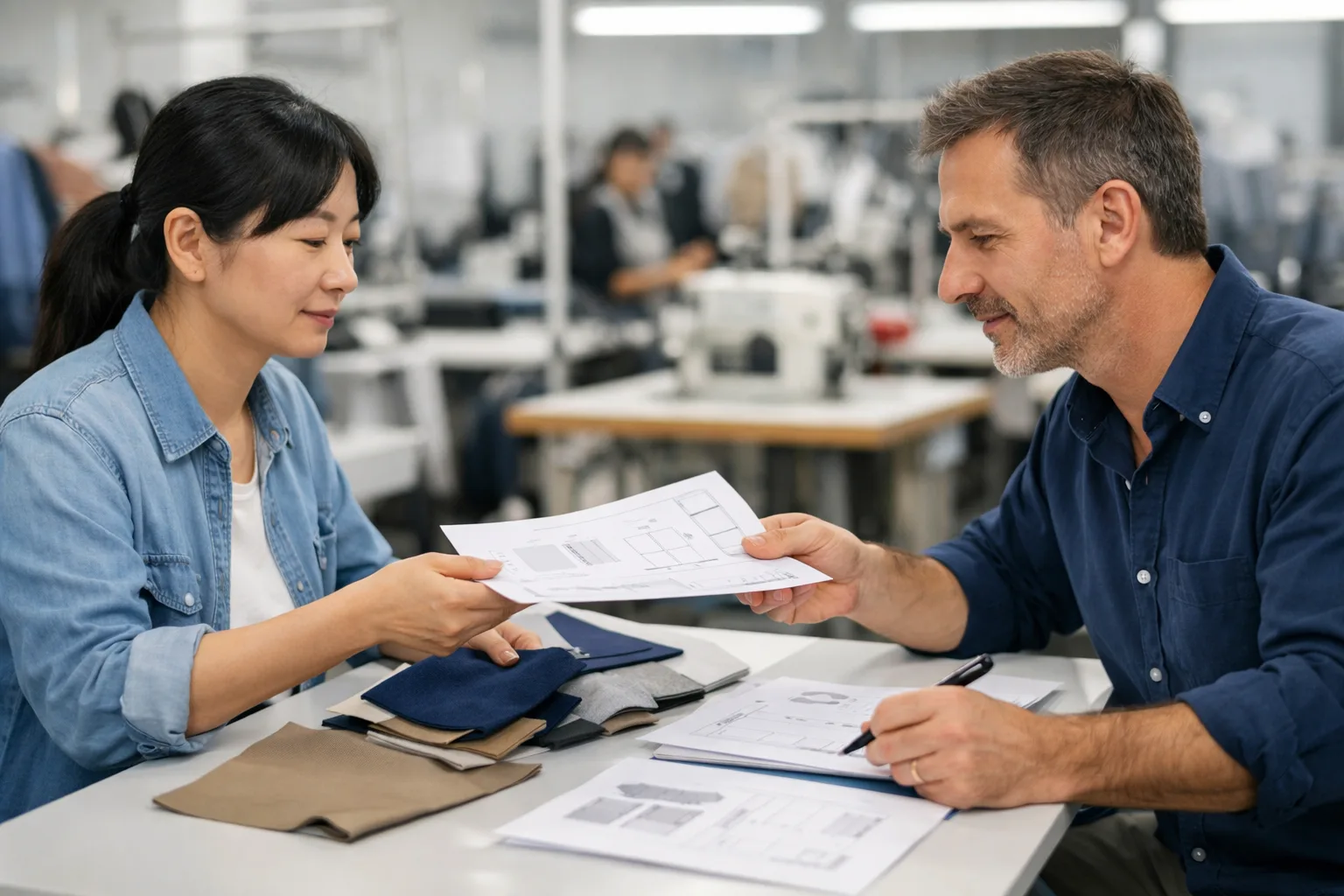 A concise, realistic scene demonstrating evaluation of communication and language skills in an apparel manufacturing setting.