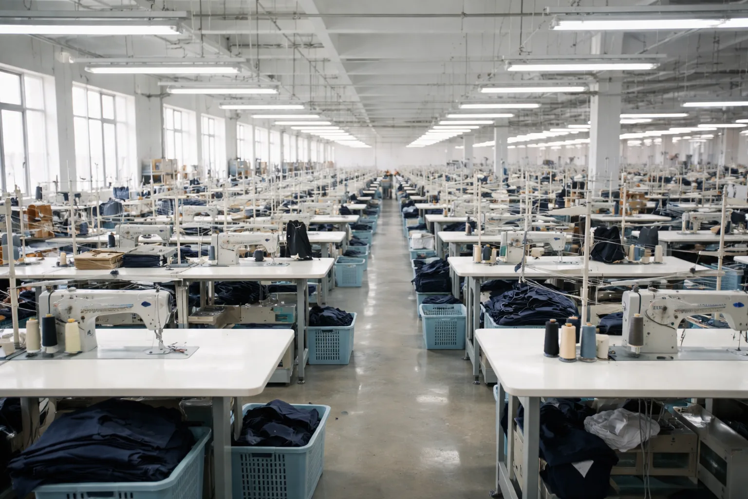 The first image depicts a professional garment factory’s production area, showcasing modern equipment and organized workflow under bright daylight.