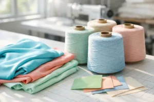 Close-up view of sustainable swimwear material options, featuring recycled yarns and fabric swatches in a manufacturing setting with natural light.
