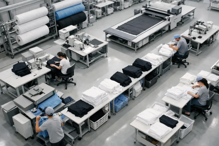 A clean, modern factory assembly line illustrating target price negotiation for efficient garment production. Textile rolls, machinery, and clear workflows reflect B2B manufacturing.