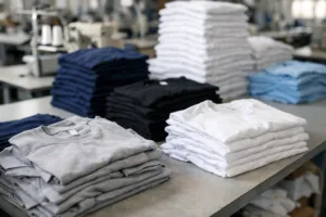 Shows stacks of clothing at different stages, representing tiered quantities (100/500/1000) in a modern, well-lit garment factory.