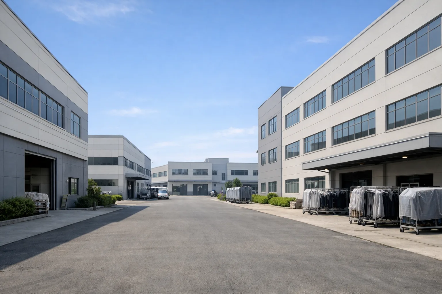 A realistic view of a garment factory in an industrial park helps spot direct manufacturers versus city-based trading companies.