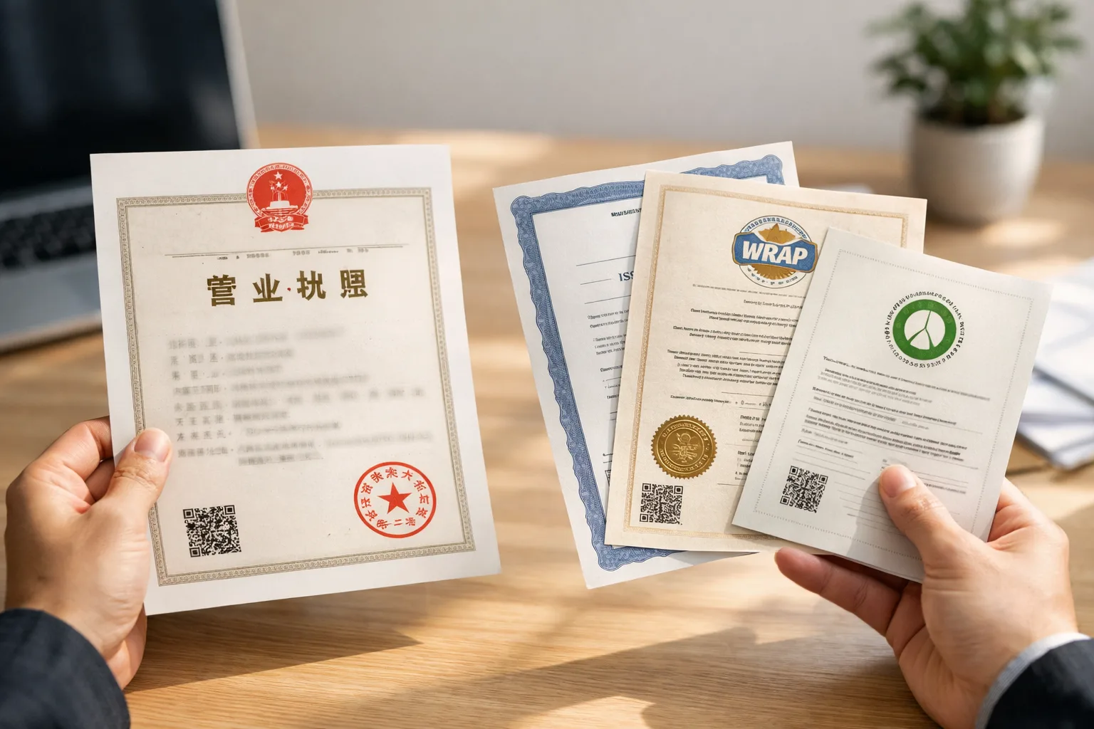 Shows real paperwork checks—Chinese business license, ISO, WRAP, GOTS certificates, authentic and clear, on a professional desk.
