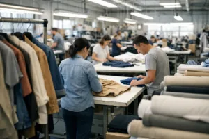 A modern factory scene showing busy workers, clothing samples on tables, and fabric rolls, representing wholesale clothing vendors and their production environment.