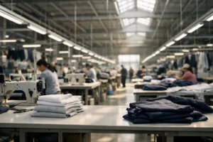 A professional, orderly Asian garment factory—workers at sewing tables and high stacks of fabric—visually capturing the context of supplier relationship building.