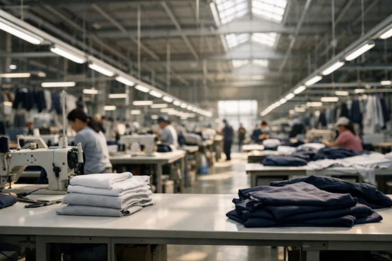 A professional, orderly Asian garment factory—workers at sewing tables and high stacks of fabric—visually capturing the context of supplier relationship building.