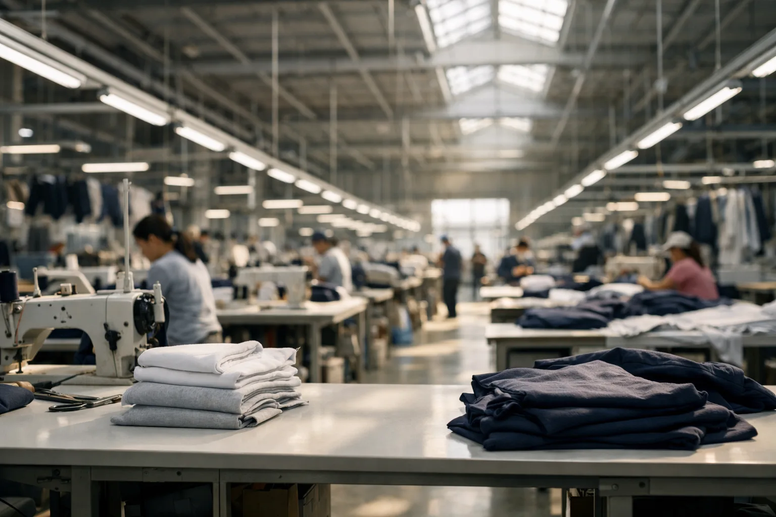 A professional, orderly Asian garment factory—workers at sewing tables and high stacks of fabric—visually capturing the context of supplier relationship building.