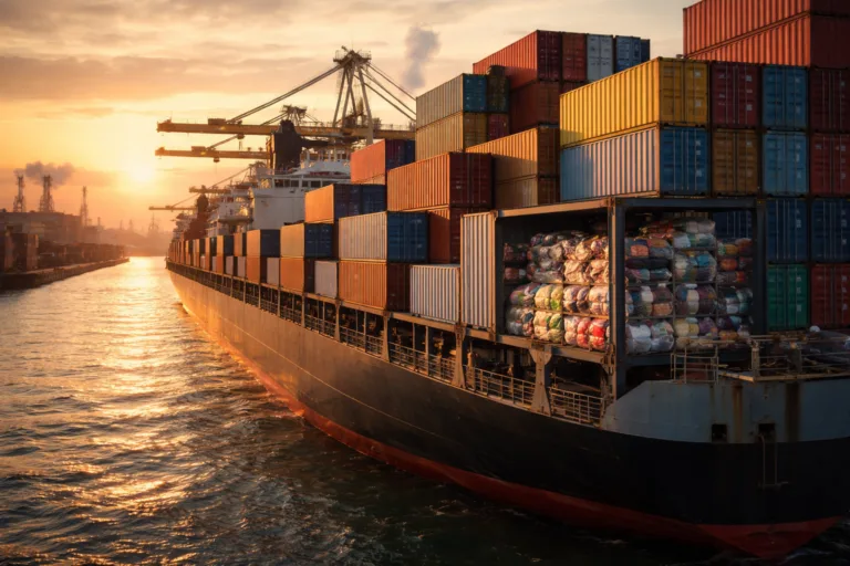 A large cargo ship being loaded with containers of garments, illustrating the carbon footprint of overseas production in fashion logistics. The scene highlights the environmental impact of long-distance sea shipping.