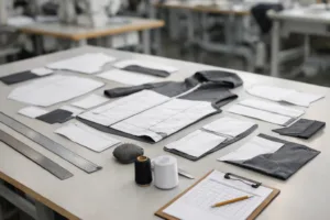 Garment pattern pieces, tools, and a printed checklist exemplifying clear communication of construction details like seams, stitches, and finishes.