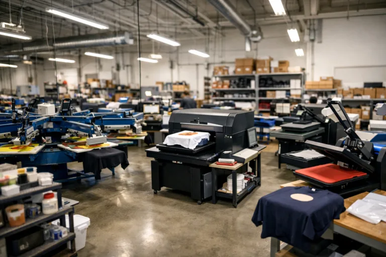 This image showcases a professional apparel manufacturing environment with various printing methods in operation, highlighting production scale and process variety.