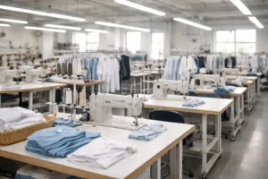A photo-realistic garment factory interior representing domestic manufacturing where quality control is easily observed due to proximity and open access.