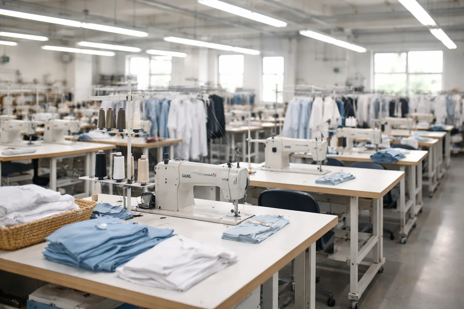 A photo-realistic garment factory interior representing domestic manufacturing where quality control is easily observed due to proximity and open access.