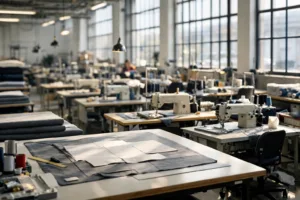 A professional garment production line set up for reactive manufacturing, illustrating the organized speed of local production.
