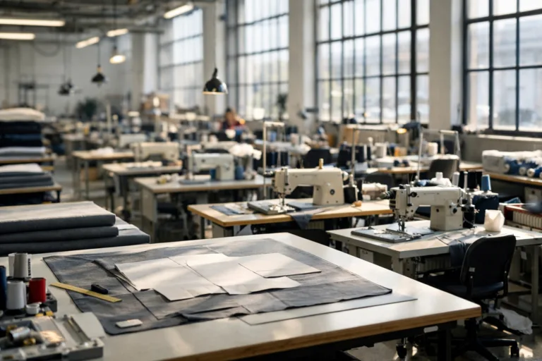 A professional garment production line set up for reactive manufacturing, illustrating the organized speed of local production.