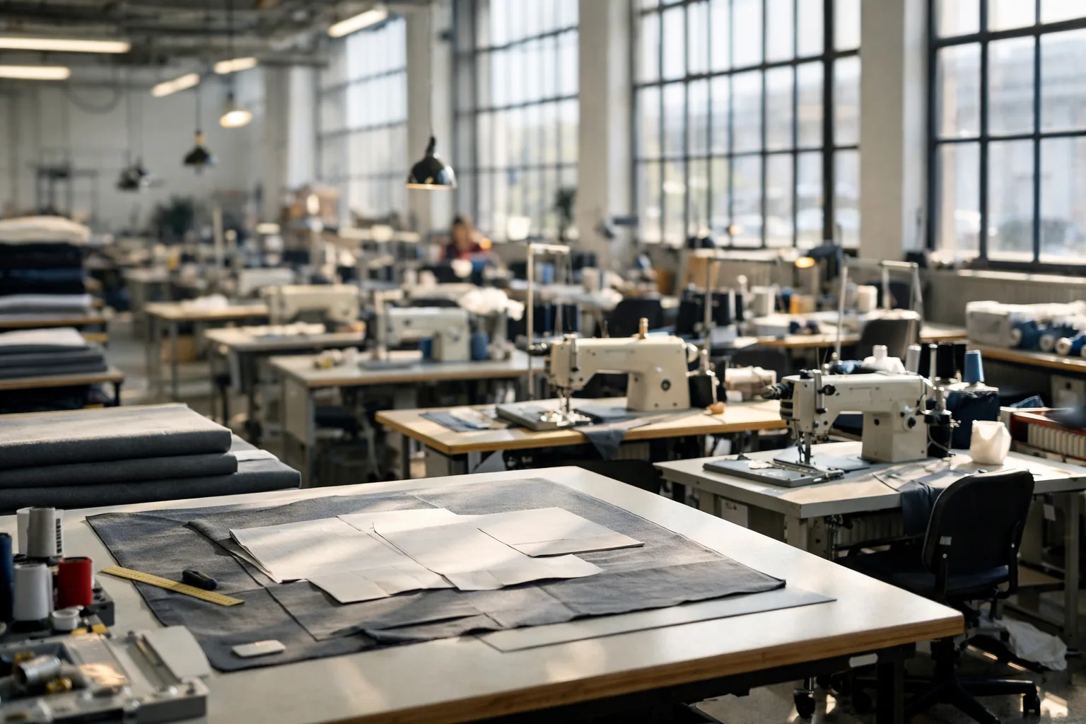 A professional garment production line set up for reactive manufacturing, illustrating the organized speed of local production.