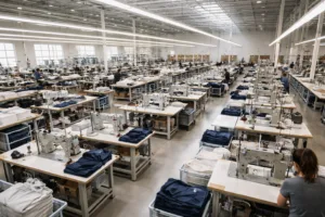 A professional and clean apparel factory setting illustrating the differences between domestic and overseas manufacturing facilities.