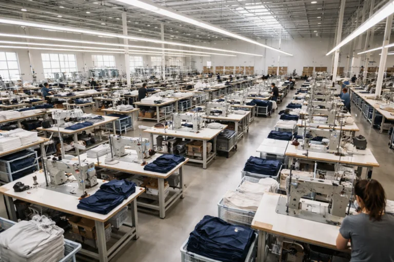 A professional and clean apparel factory setting illustrating the differences between domestic and overseas manufacturing facilities.
