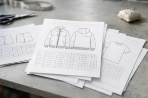 A professional downloadable tech pack template with both flat sketches and garment measurement tables, presented for clear apparel production planning.