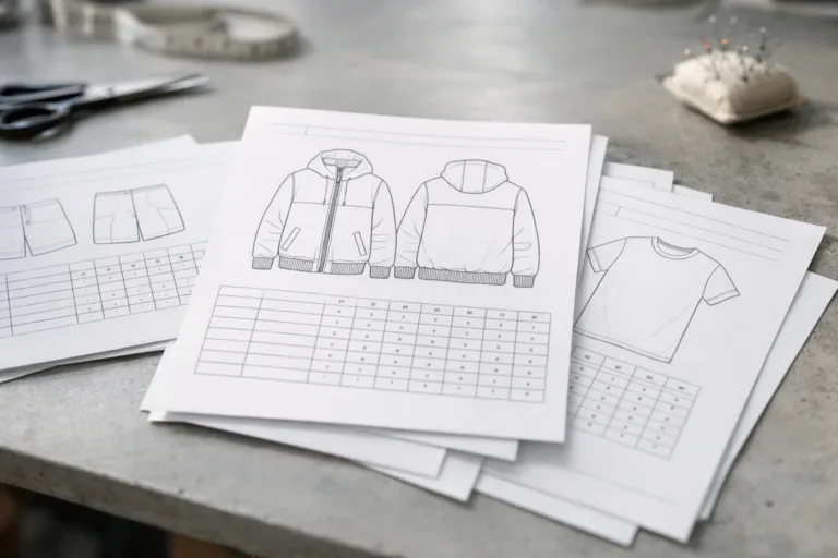 A professional downloadable tech pack template with both flat sketches and garment measurement tables, presented for clear apparel production planning.