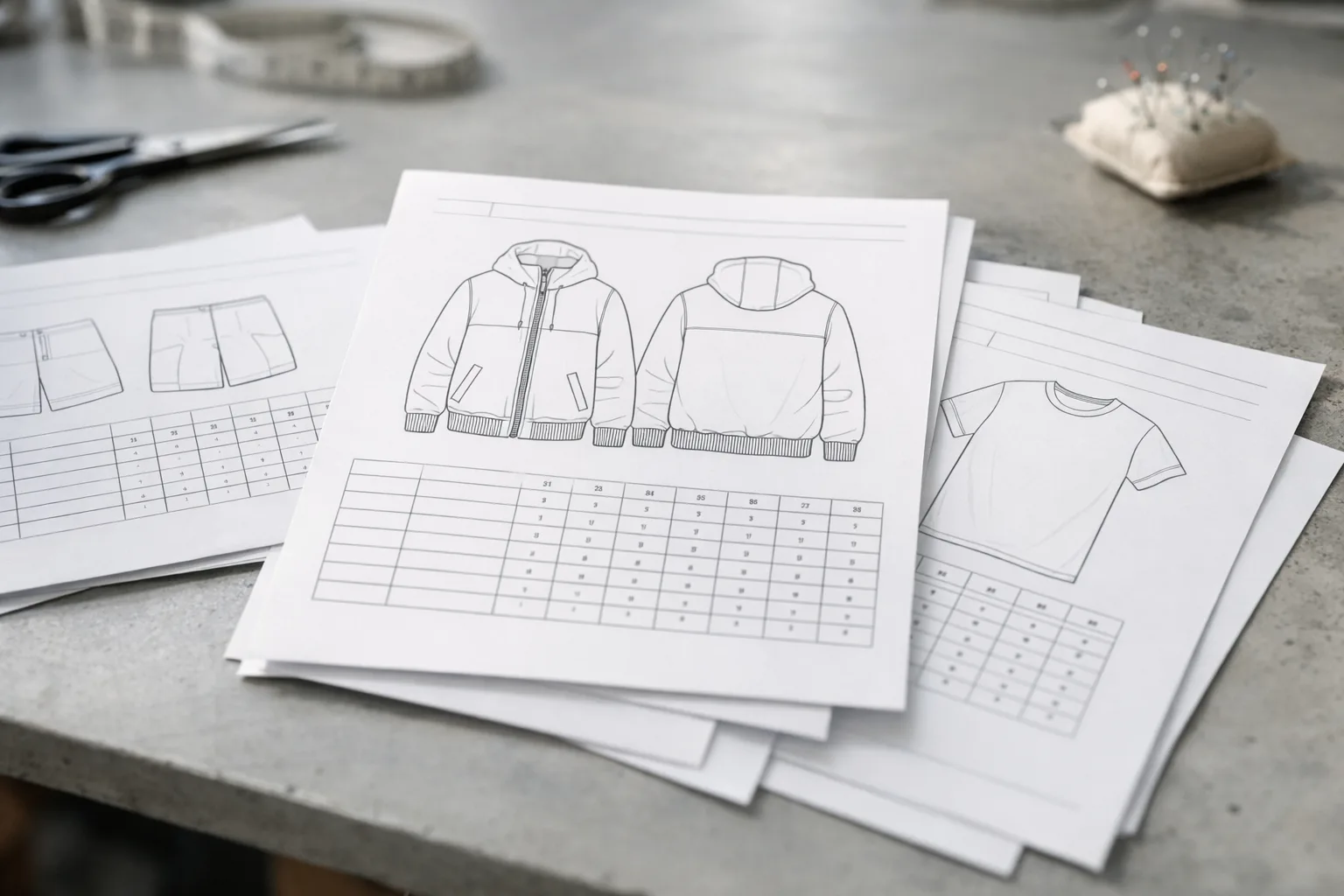 A professional downloadable tech pack template with both flat sketches and garment measurement tables, presented for clear apparel production planning.