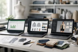 Three major tech pack software tools displayed together on a design desk—Excel, Techpacker, and CLO3D—showing their user interfaces for direct comparison.