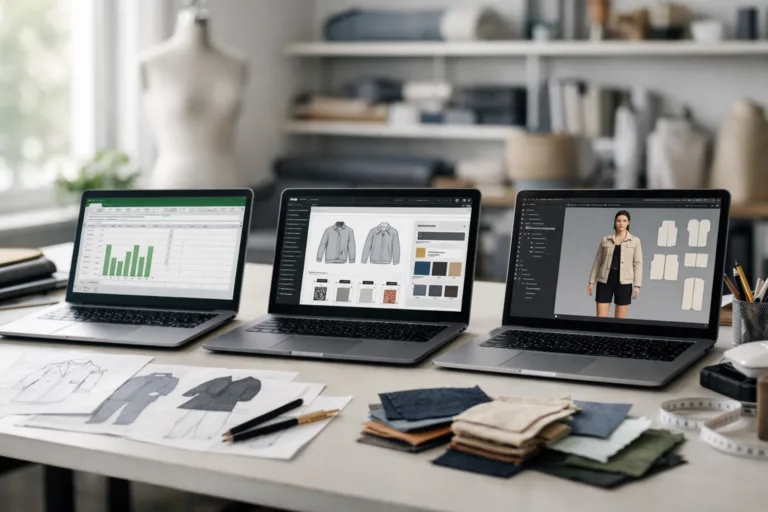 Three major tech pack software tools displayed together on a design desk—Excel, Techpacker, and CLO3D—showing their user interfaces for direct comparison.