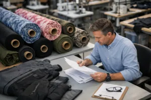 A modern textile factory scene showing custom fabric, technical paperwork, and supervisory oversight—capturing the essence of exclusivity agreements in manufacturing.