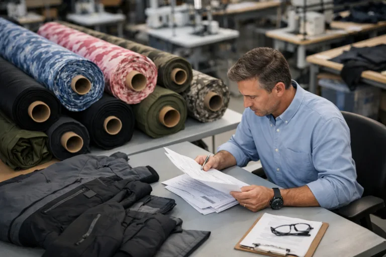 A modern textile factory scene showing custom fabric, technical paperwork, and supervisory oversight—capturing the essence of exclusivity agreements in manufacturing.