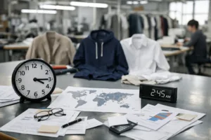 A bright, modern apparel factory showing product samples and paperwork, highlighting the tangible impact of communication barriers in overseas sourcing.