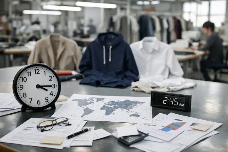 A bright, modern apparel factory showing product samples and paperwork, highlighting the tangible impact of communication barriers in overseas sourcing.