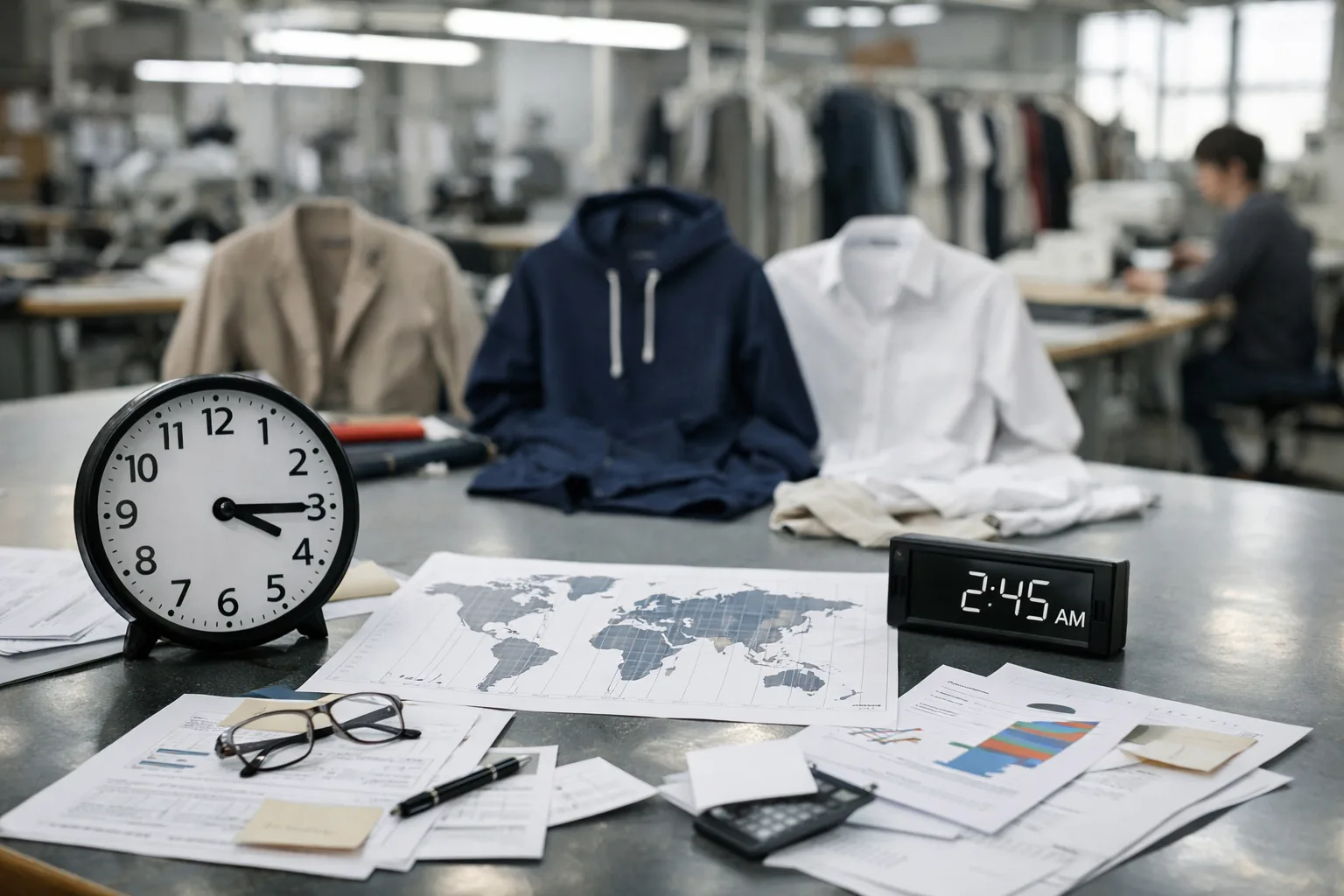 A bright, modern apparel factory showing product samples and paperwork, highlighting the tangible impact of communication barriers in overseas sourcing.