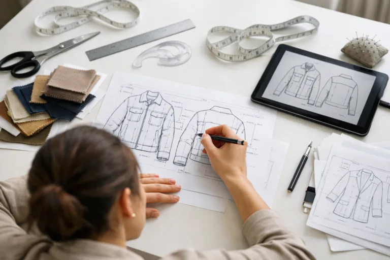 A technical designer's desk covered in sketches, fabric, and measurement tools—capturing the freelance approach to building tech packs for apparel manufacturing.