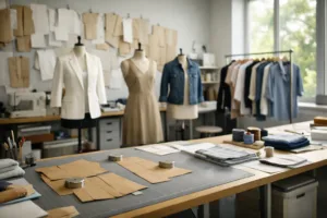 A professional apparel development studio where hybrid supply chain models are mapped—showing core and fashion collections, sketches, and sample garments.