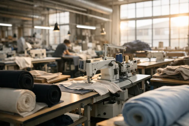 The image depicts a clean, automated textile factory in daylight, highlighting the professional setup for local garment production and the reshoring trend.