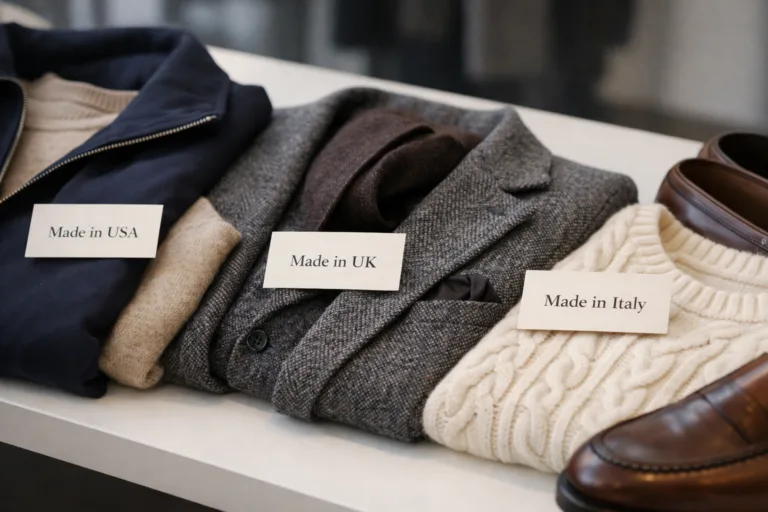 A selection of premium garments showing country-of-origin labels, highlighting the perceived value and marketing impact of Made in USA/UK/Italy branding.