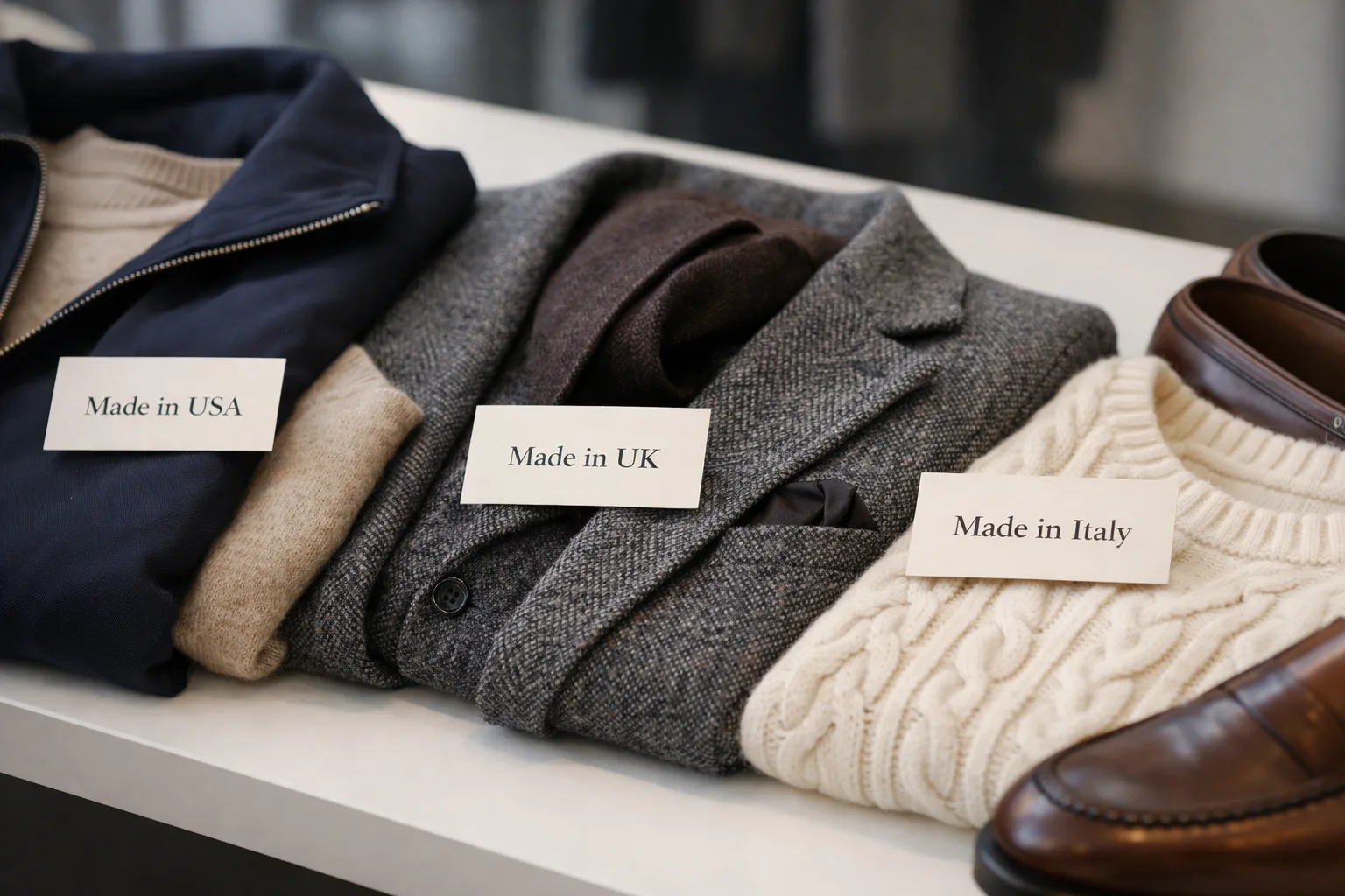 A selection of premium garments showing country-of-origin labels, highlighting the perceived value and marketing impact of Made in USA/UK/Italy branding.