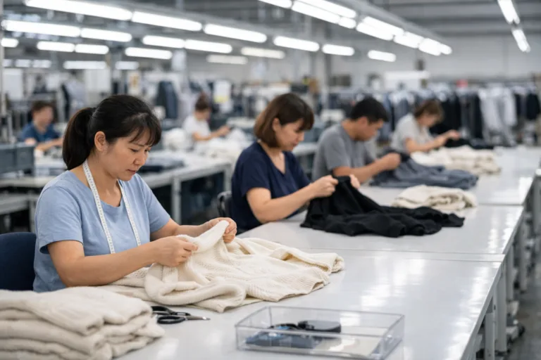 An apparel factory's quality control section with inspectors checking garments—highlighting the potential for manufacturing disputes and the importance of clarity on defect rates.