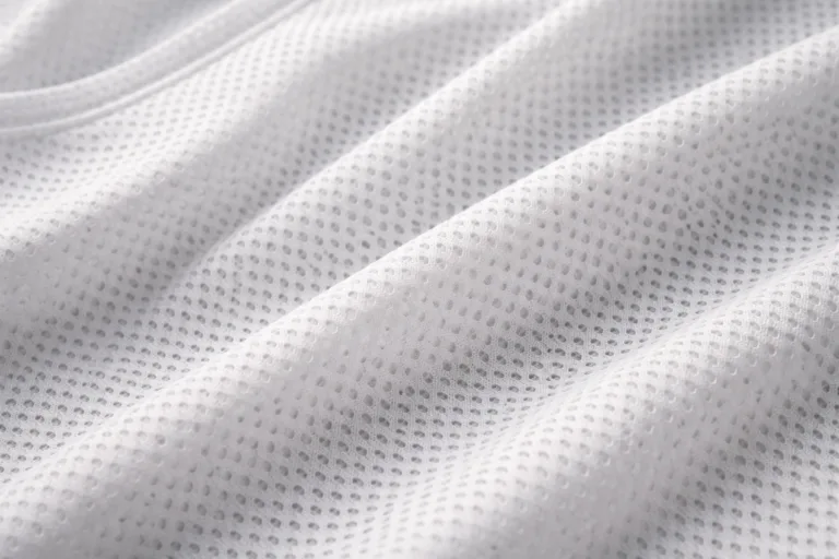 A technical close-up image showing mesh fabric used in athletic apparel. The open weave is highlighted under soft lighting, emphasizing its breathability.
