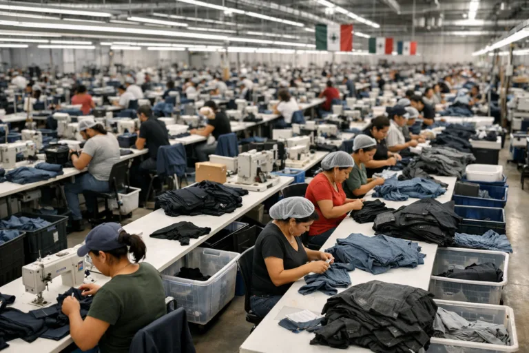 A busy, professional garment factory in Mexico, representing the speed and reliable logistics advantages of nearshoring production for U.S. brands.