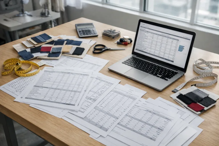 A realistic scene of a factory negotiation room displaying line-item cost sheets, fabric samples, and digital analysis tools that illustrate open costing and transparency.