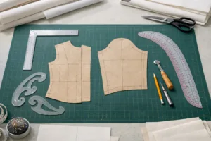 A clean, well-lit studio showing essential tools for flat pattern drafting, suitable for manufacturing or design professionals.